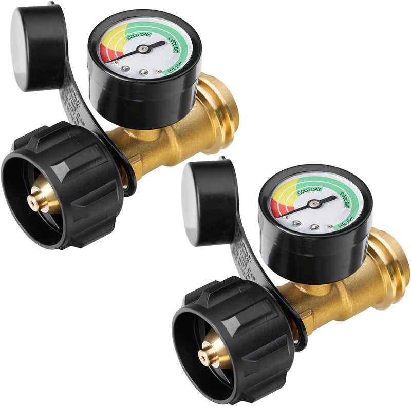 CALPOSE Propane Tank Gauge, 3 Colors Coded Universal for Cylinder, Grill, Heater, RV Camper and More, 5-40 Pound LP Tank Gas Level Indicator, QCC1 / Type 1 Connection, 2 Pack - Image 1